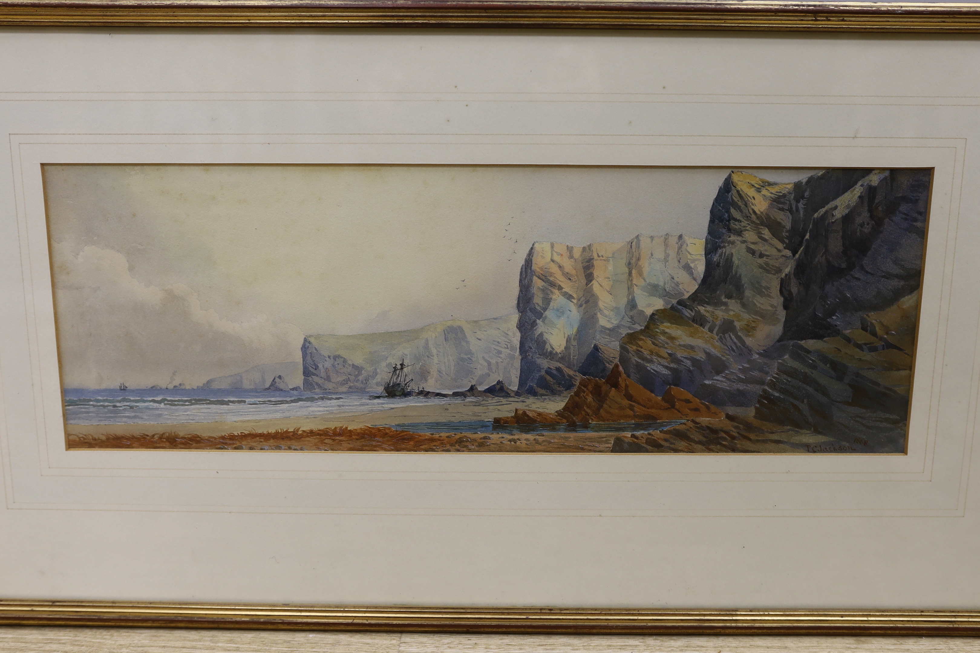 Six watercolours and prints including Frederick C. Jackson (fl.1868-1884), watercolour, 'Near Kynance Cove', attributed to Samuel Prout (1783-1852), sepia watercolour and a pen and ink sketch of an army officer, largest